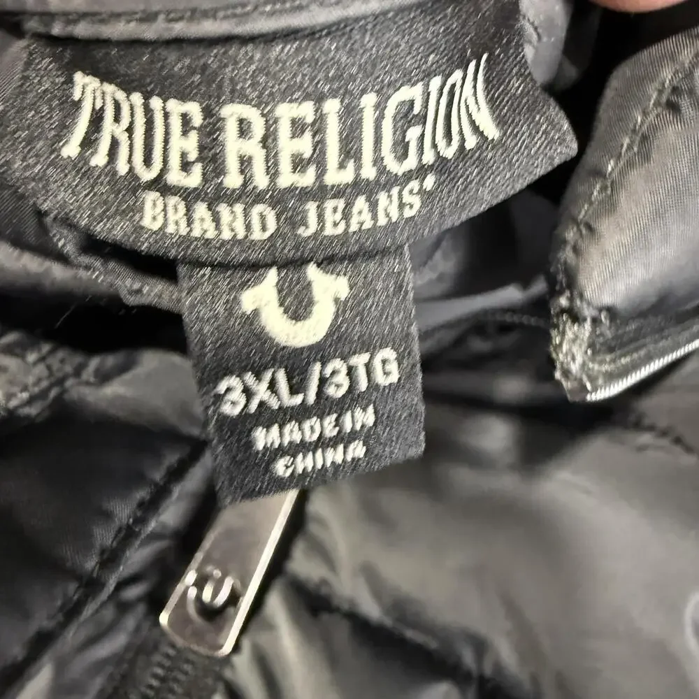True Religion Jacket Mens 3XL Black Light Puffer Quilted Full Zip Horseshoe Logo